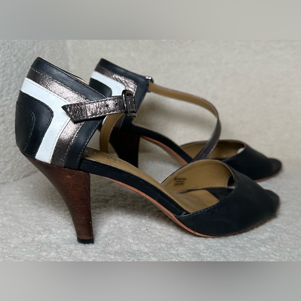 Anthropologie Nina Payne Sosa high heels peep toe ankle strap black white retro‎